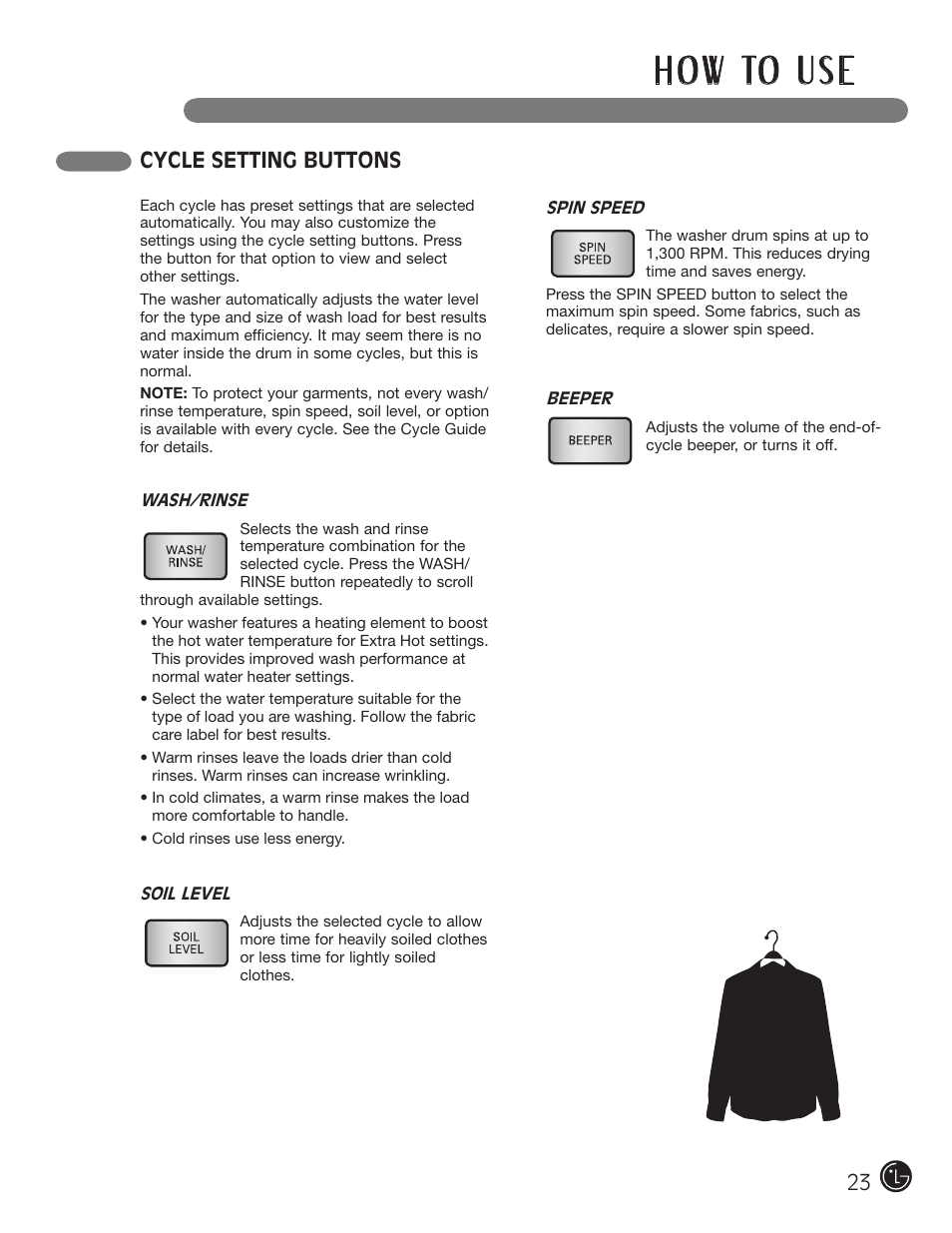 H o w to u s e, Cycle setting buttons | LG WM3001HRA User Manual | Page 23 / 72