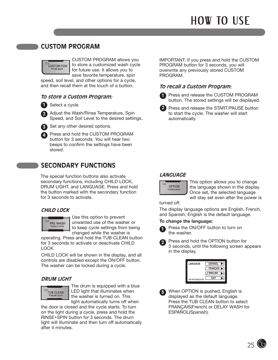 H o w to u s e, Secondary functions, Custom program | LG WM3001HRA User Manual | Page 25 / 72