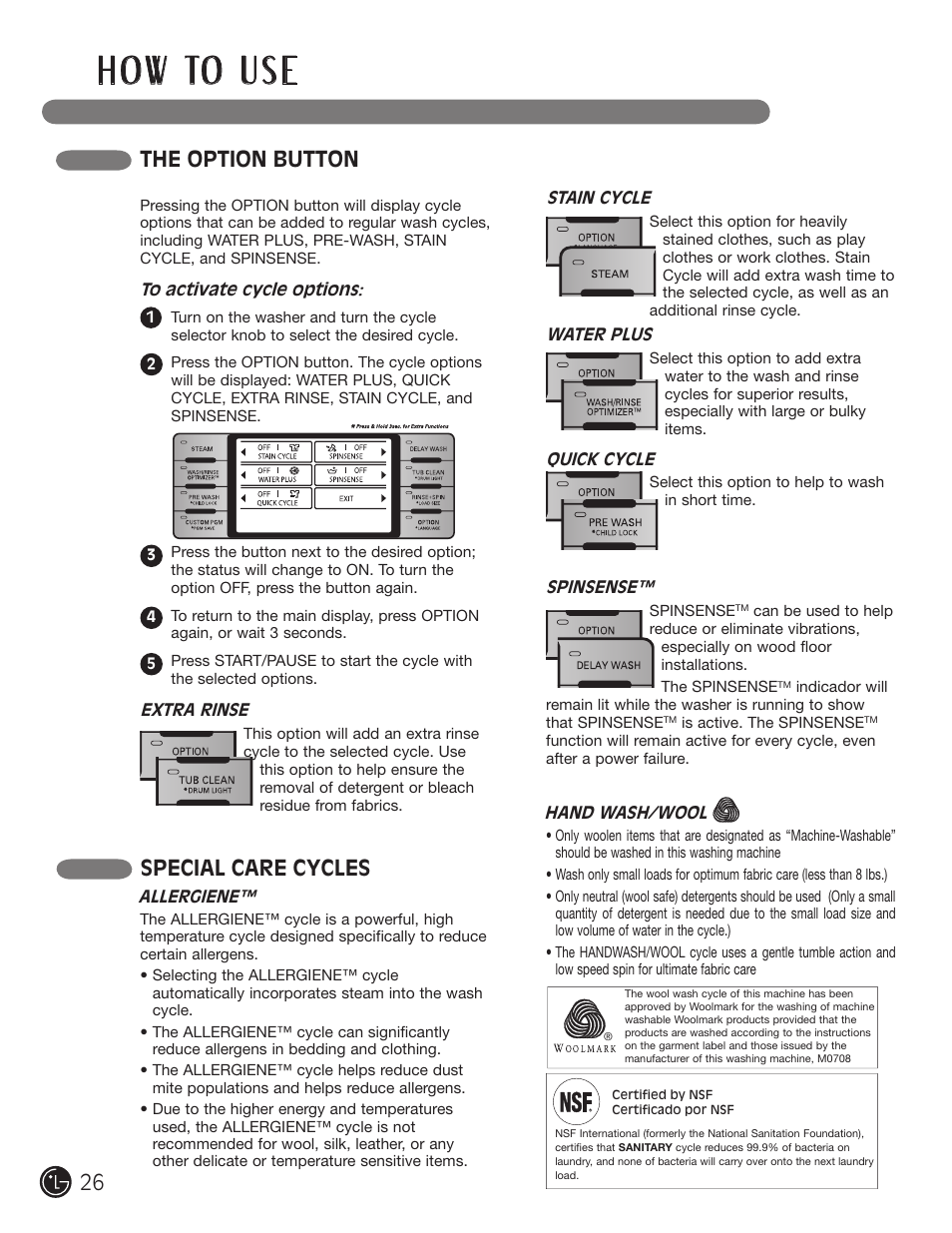 H o w to u s e, The option button, Special care cycles | LG WM3001HRA User Manual | Page 26 / 72