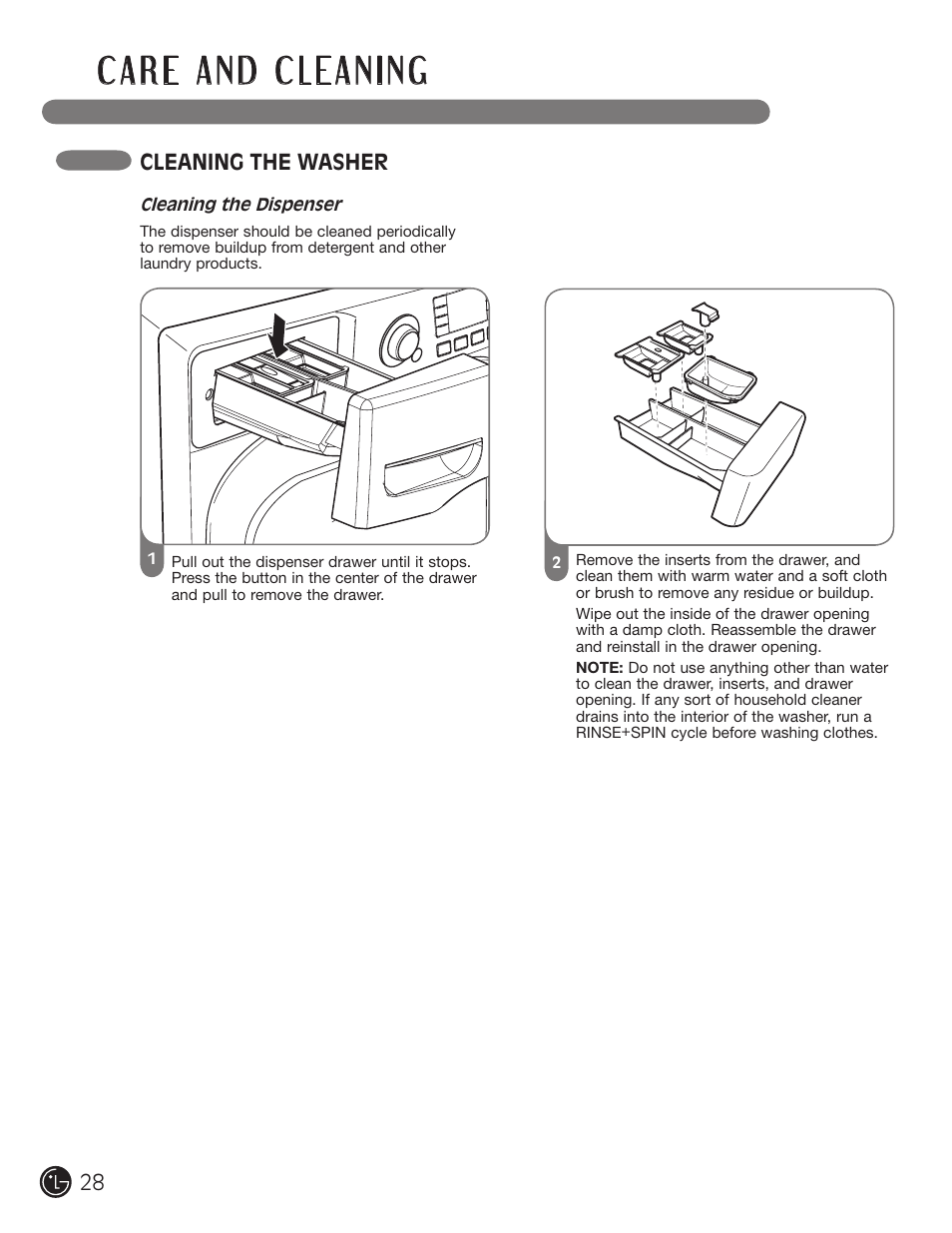 Cleaning the washer | LG WM3001HRA User Manual | Page 28 / 72