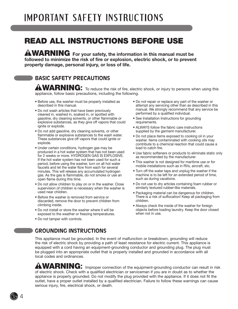 Wwarning, Read all instructions before use, Basic safety precautions | Grounding instructions | LG WM3001HRA User Manual | Page 4 / 72