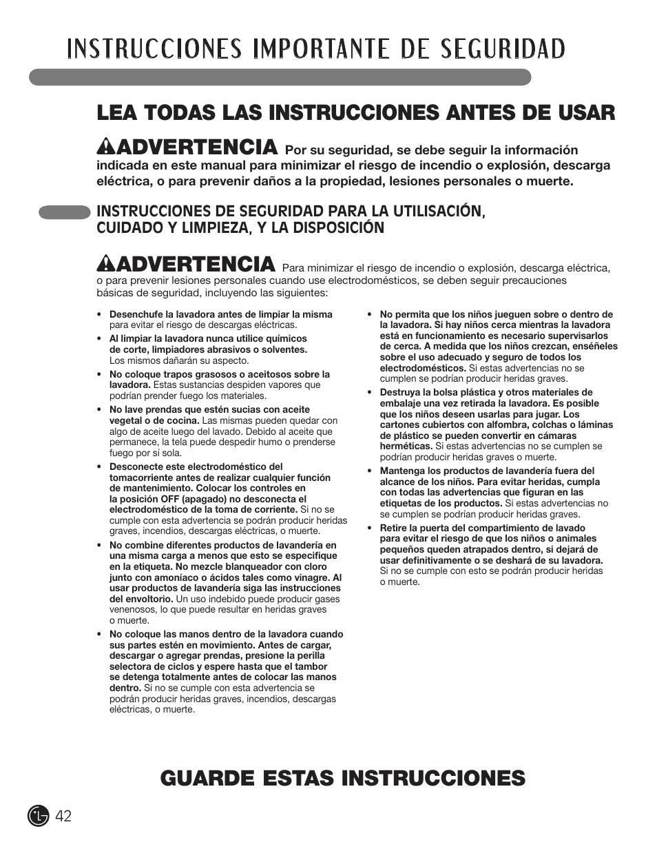 Wadvertencia | LG WM3001HRA User Manual | Page 42 / 72