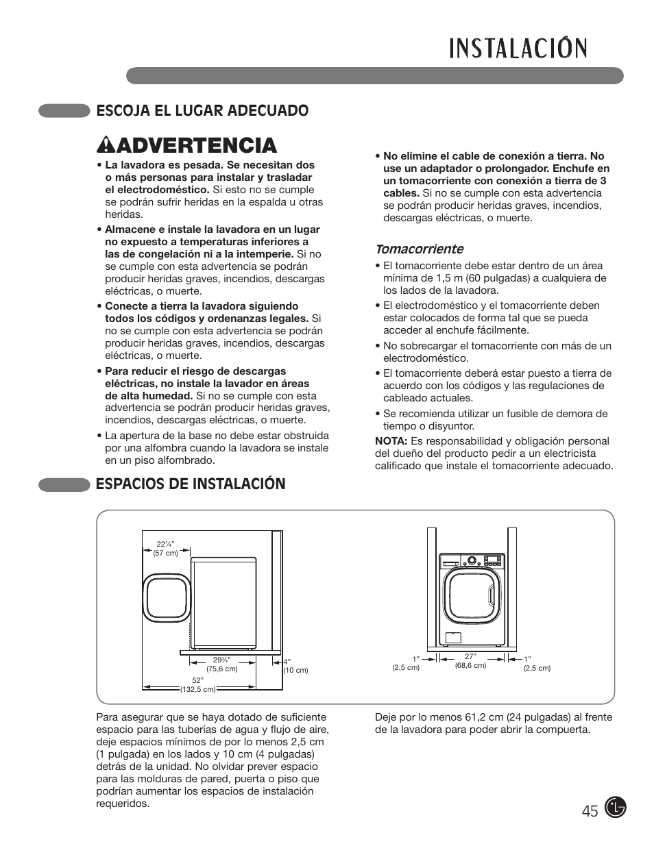 I n s ta l ac i ó n, Wadvertencia, Escoja el lugar adecuado espacios de instalación | LG WM3001HRA User Manual | Page 45 / 72