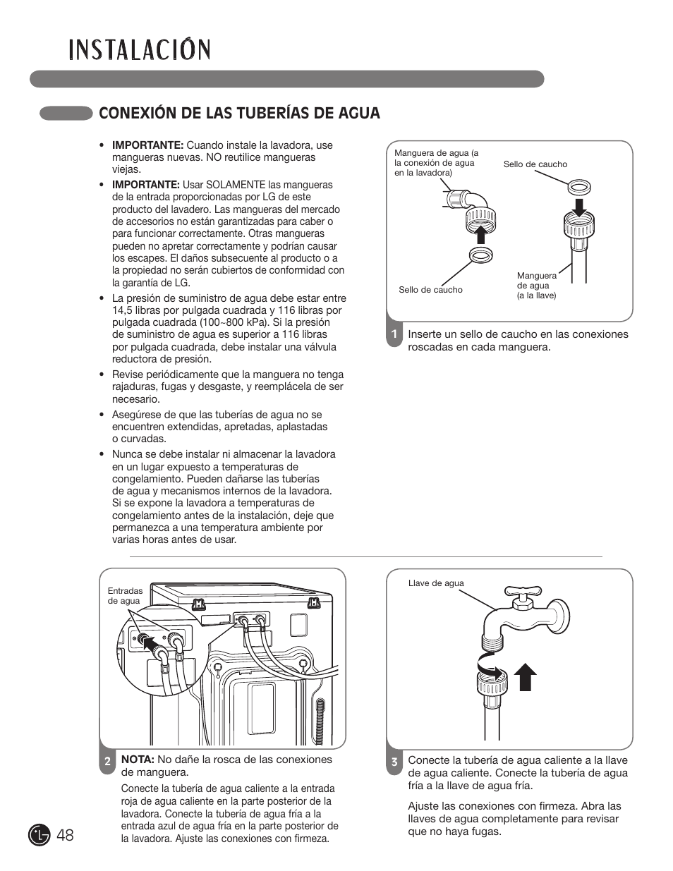 I n s ta l ac i ó n, Conexión de las tuberías de agua | LG WM3001HRA User Manual | Page 48 / 72