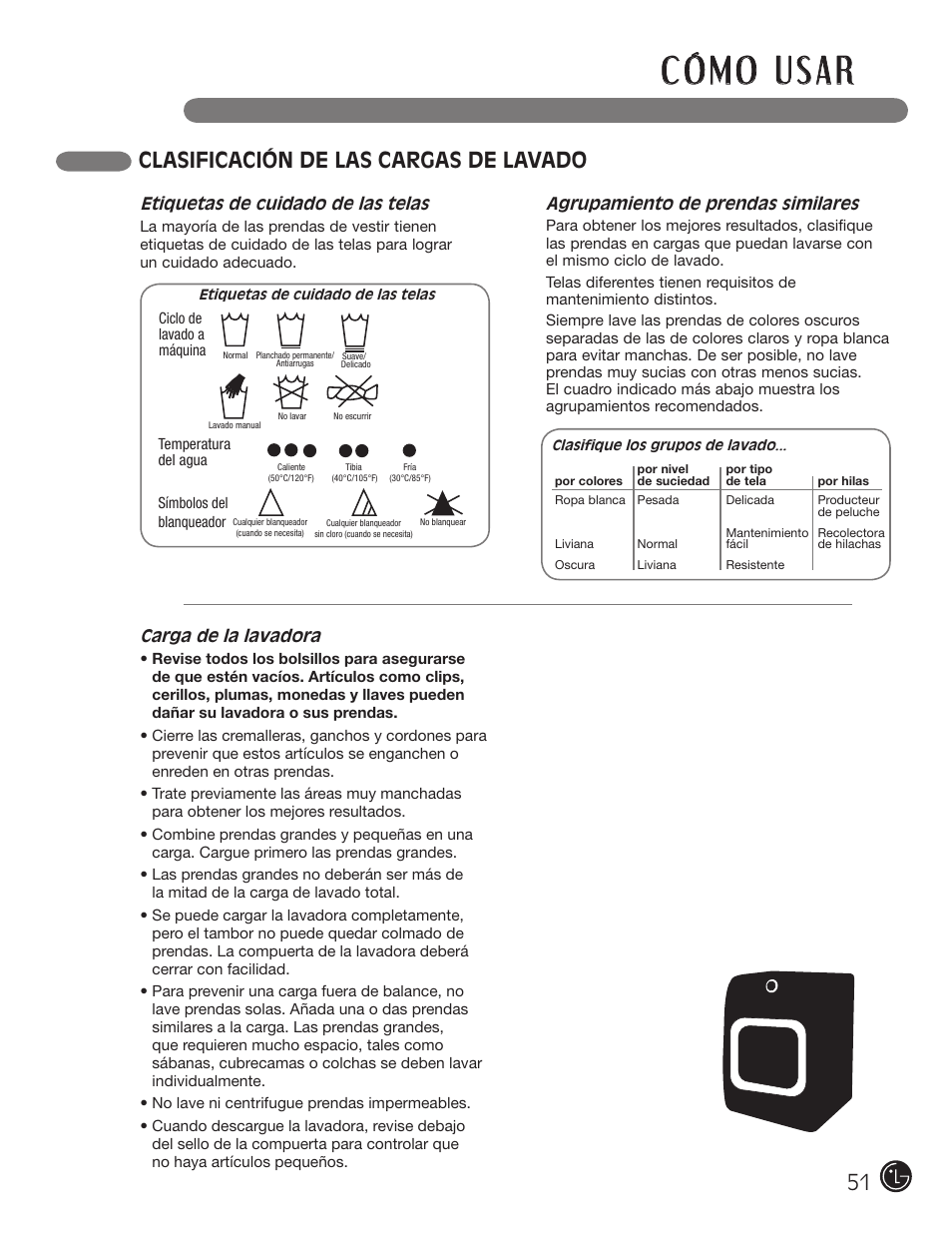 Clasificación de las cargas de lavado, Etiquetas de cuidado de las telas, Agrupamiento de prendas similares | Carga de la lavadora | LG WM3001HRA User Manual | Page 51 / 72
