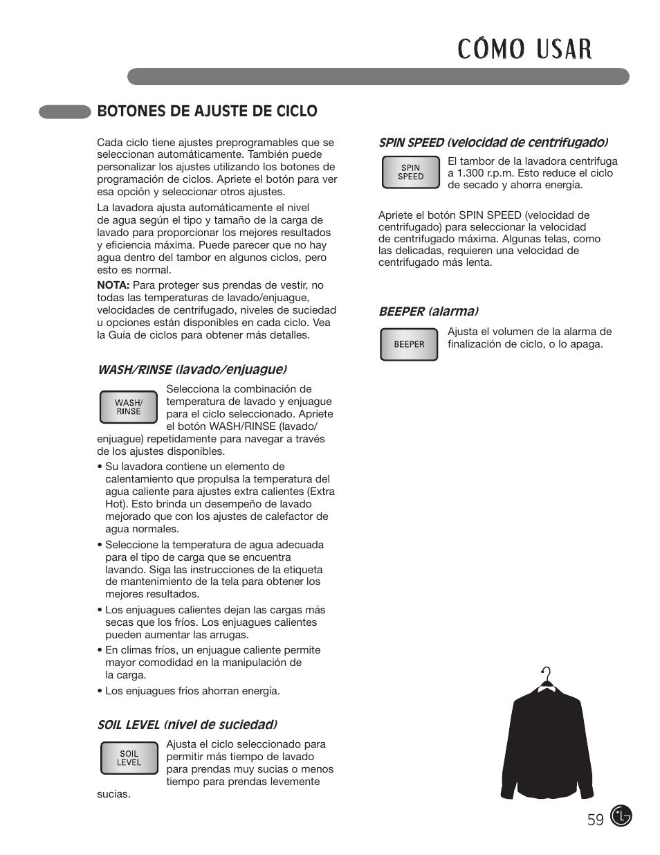 Botones de ajuste de ciclo | LG WM3001HRA User Manual | Page 59 / 72