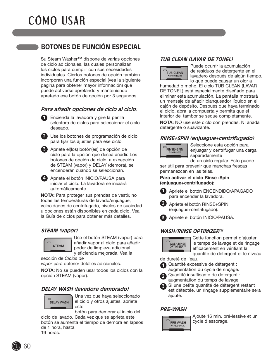 Botones de función especial | LG WM3001HRA User Manual | Page 60 / 72