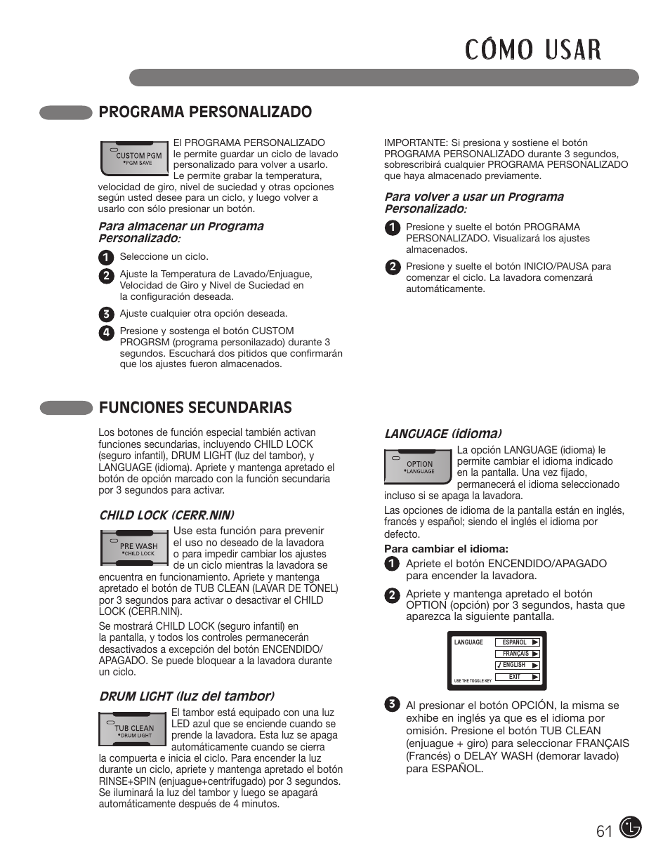 Programa personalizado, Funciones secundarias | LG WM3001HRA User Manual | Page 61 / 72