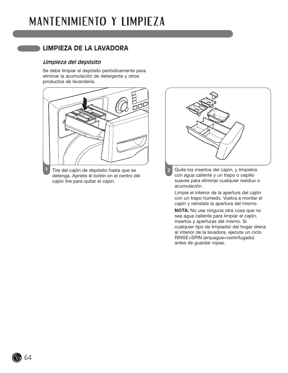 Limpieza de la lavadora | LG WM3001HRA User Manual | Page 64 / 72