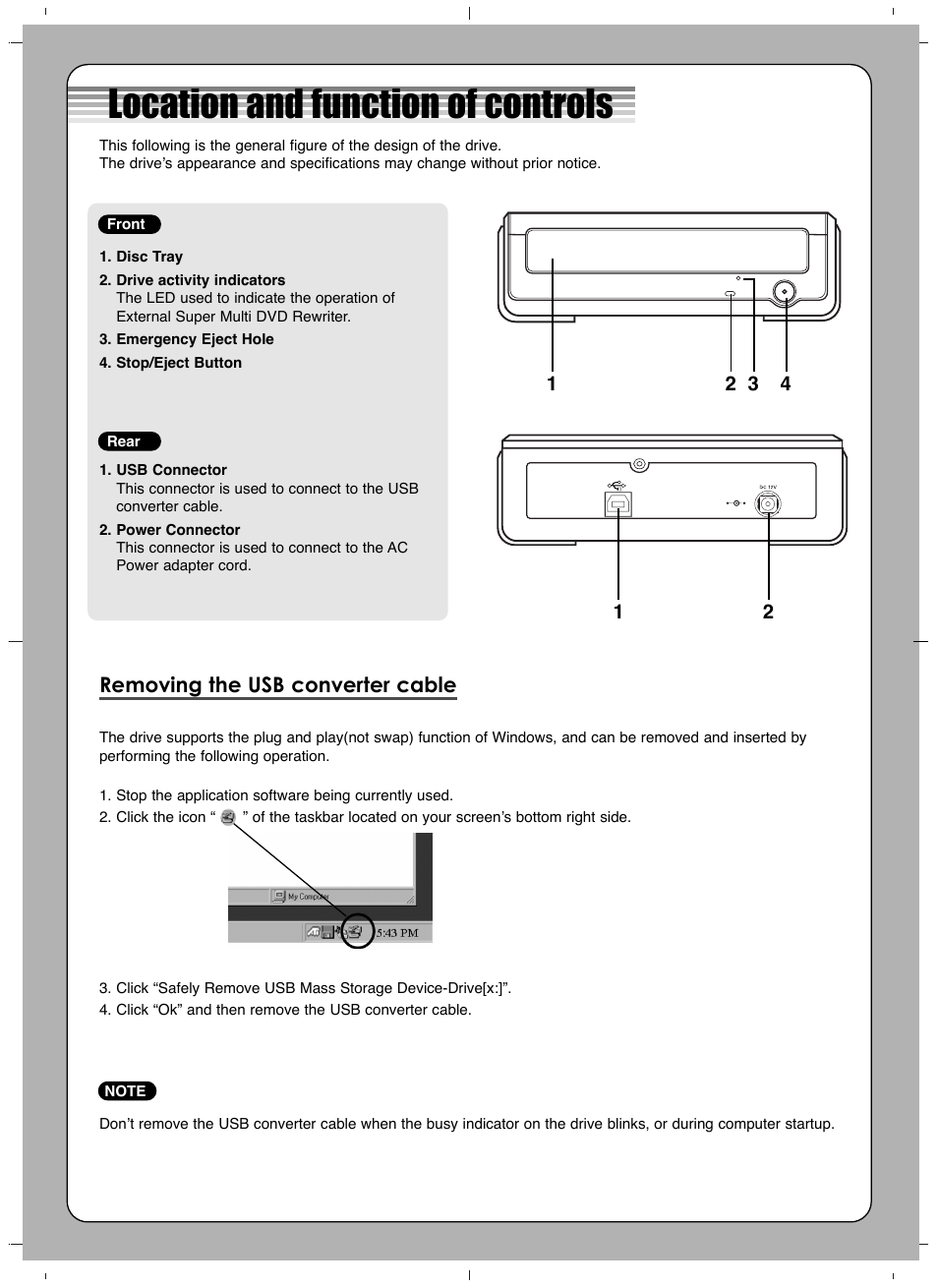 Location and function of controls, Removing the usb converter cable | LG GE20LU10 User Manual | Page 2 / 4