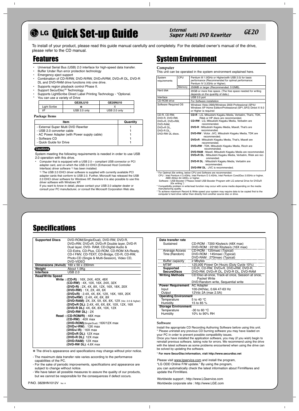 Quick set-up guide, Features, System environment | Specifications, Ge20, Super multi dvd rewriter | LG GE20LU10 User Manual | Page 3 / 4