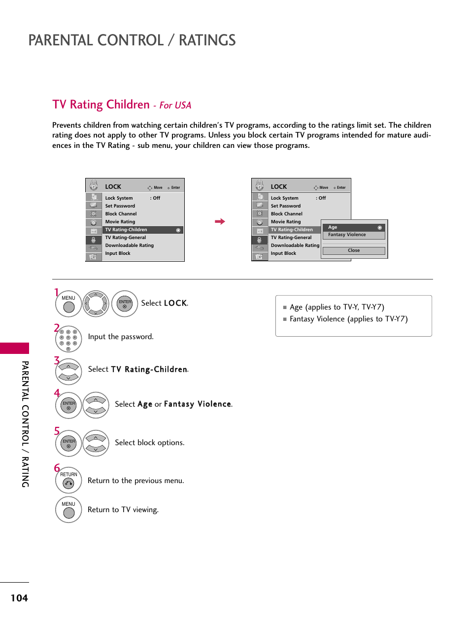 Tv rating children - for usa, Parental control / ratings, Tv rating children | For usa, Parent al contr ol / r ating | LG 37LH55 User Manual | Page 104 / 136