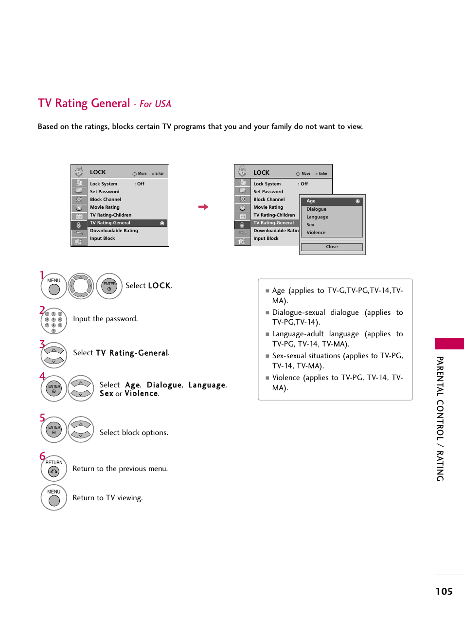 Tv rating general - for usa, Tv rating general, For usa | Parent al contr ol / r ating | LG 37LH55 User Manual | Page 105 / 136