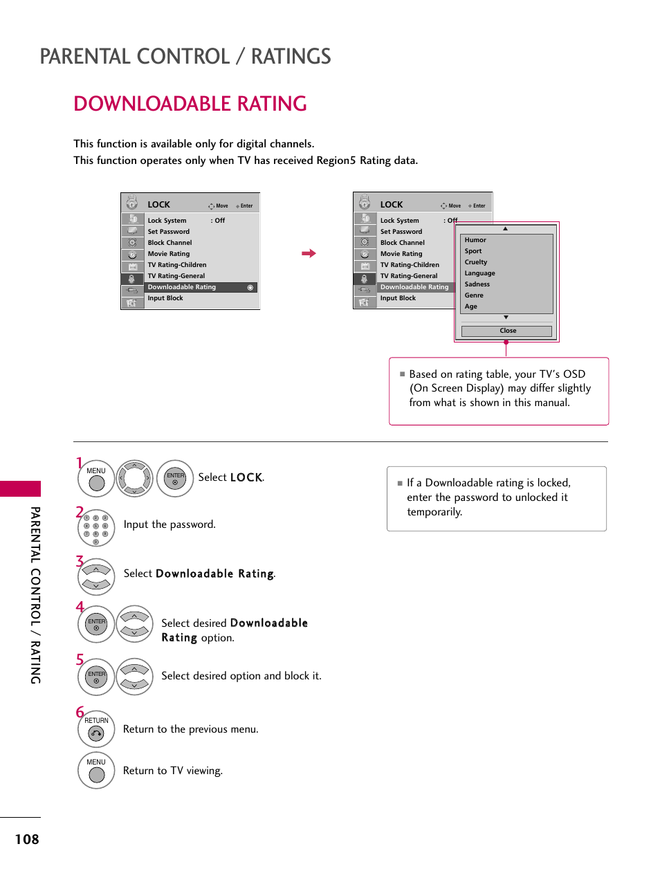 Downloadable rating, Parental control / ratings, Parent al contr ol / r ating | LG 37LH55 User Manual | Page 108 / 136