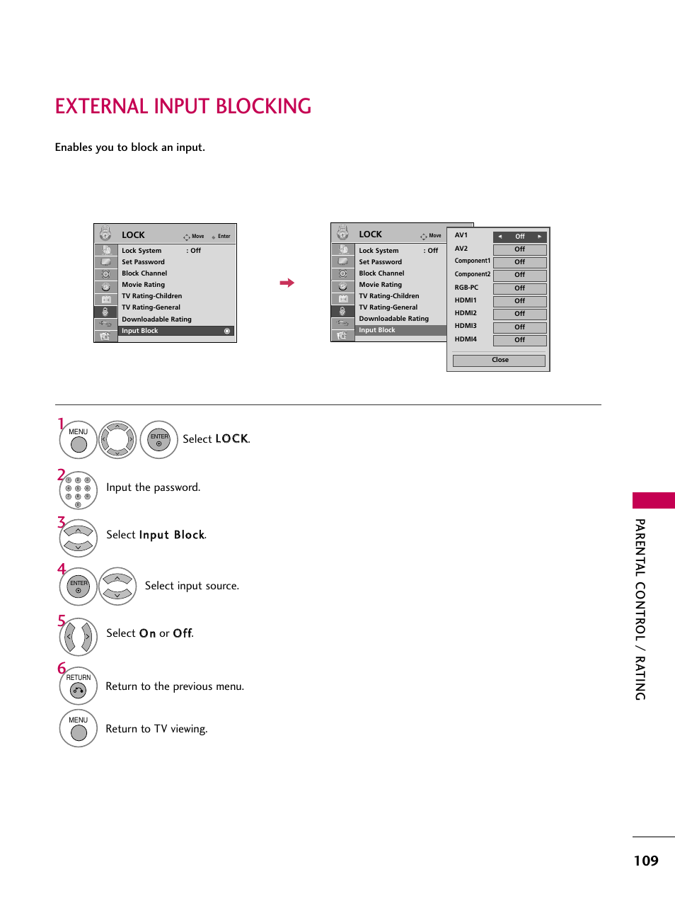 External input blocking, Parent al contr ol / r ating, Select o o nn or o o ff ff | Select llo oc ck k, Input the password, Return to the previous menu, Return to tv viewing | LG 37LH55 User Manual | Page 109 / 136