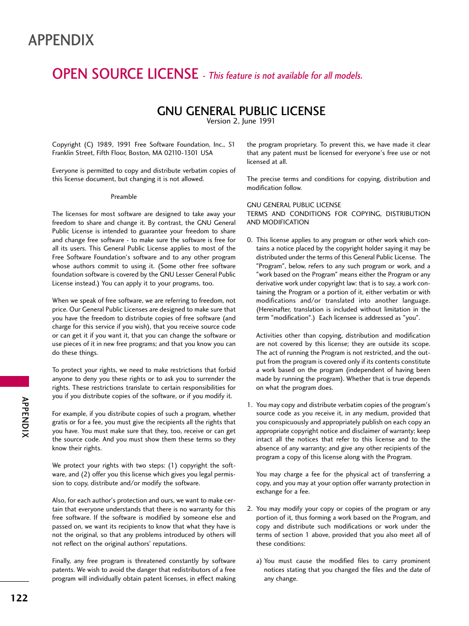 Open source license, Appendix, Gnu general public license | This feature is not available for all models | LG 37LH55 User Manual | Page 122 / 136