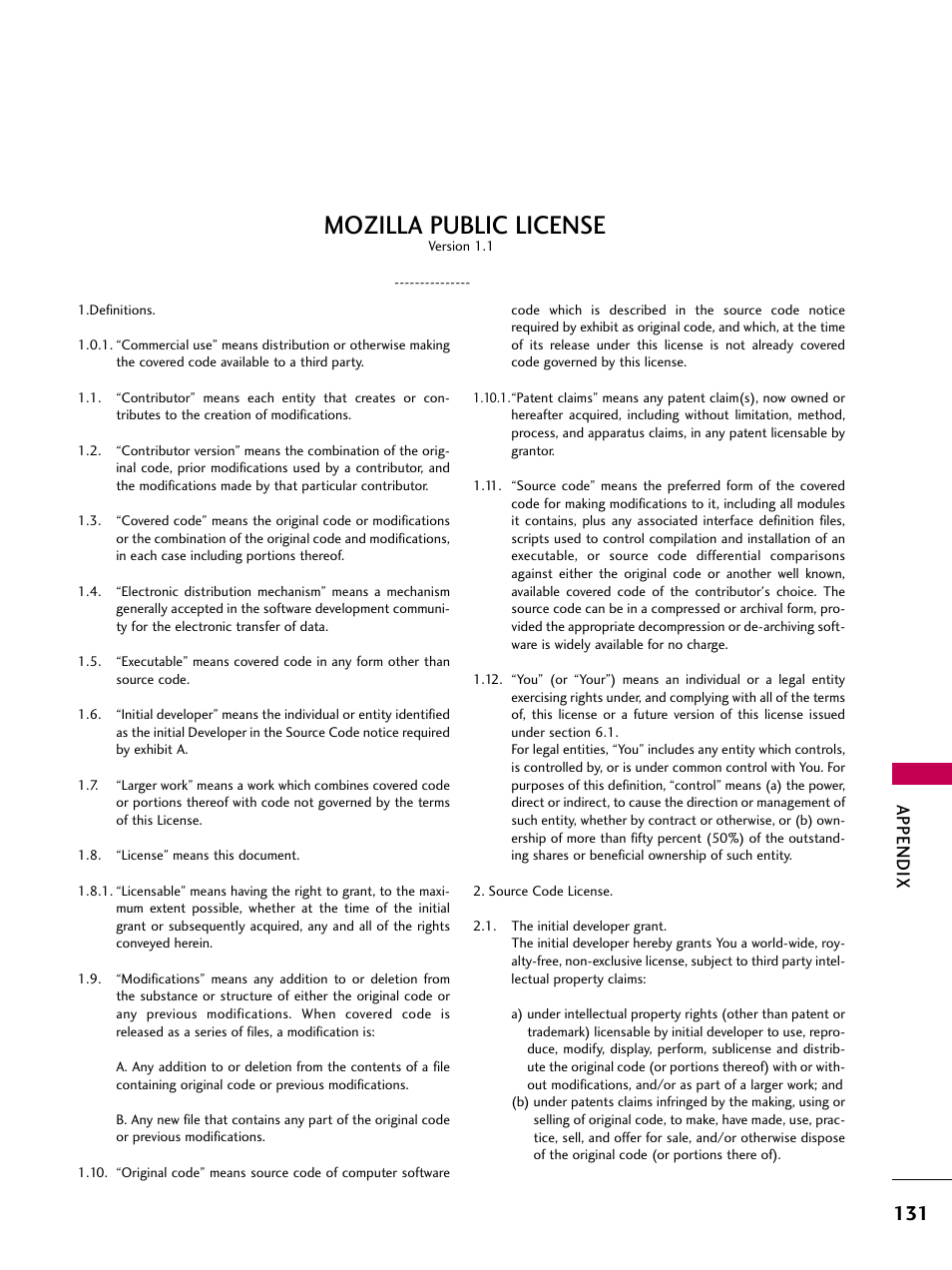 Mozilla public license, Appendix | LG 37LH55 User Manual | Page 131 / 136