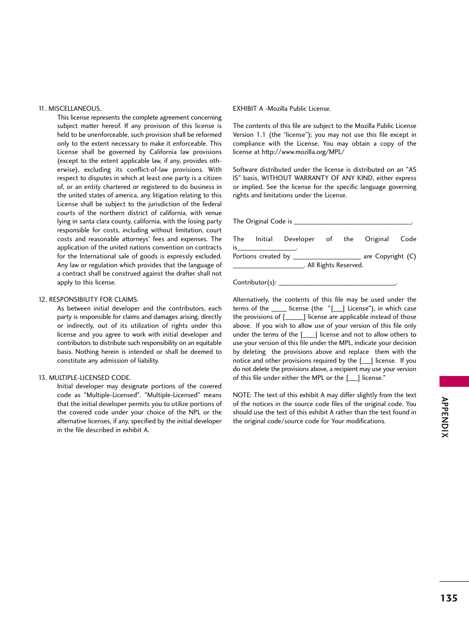 Appendix | LG 37LH55 User Manual | Page 135 / 136