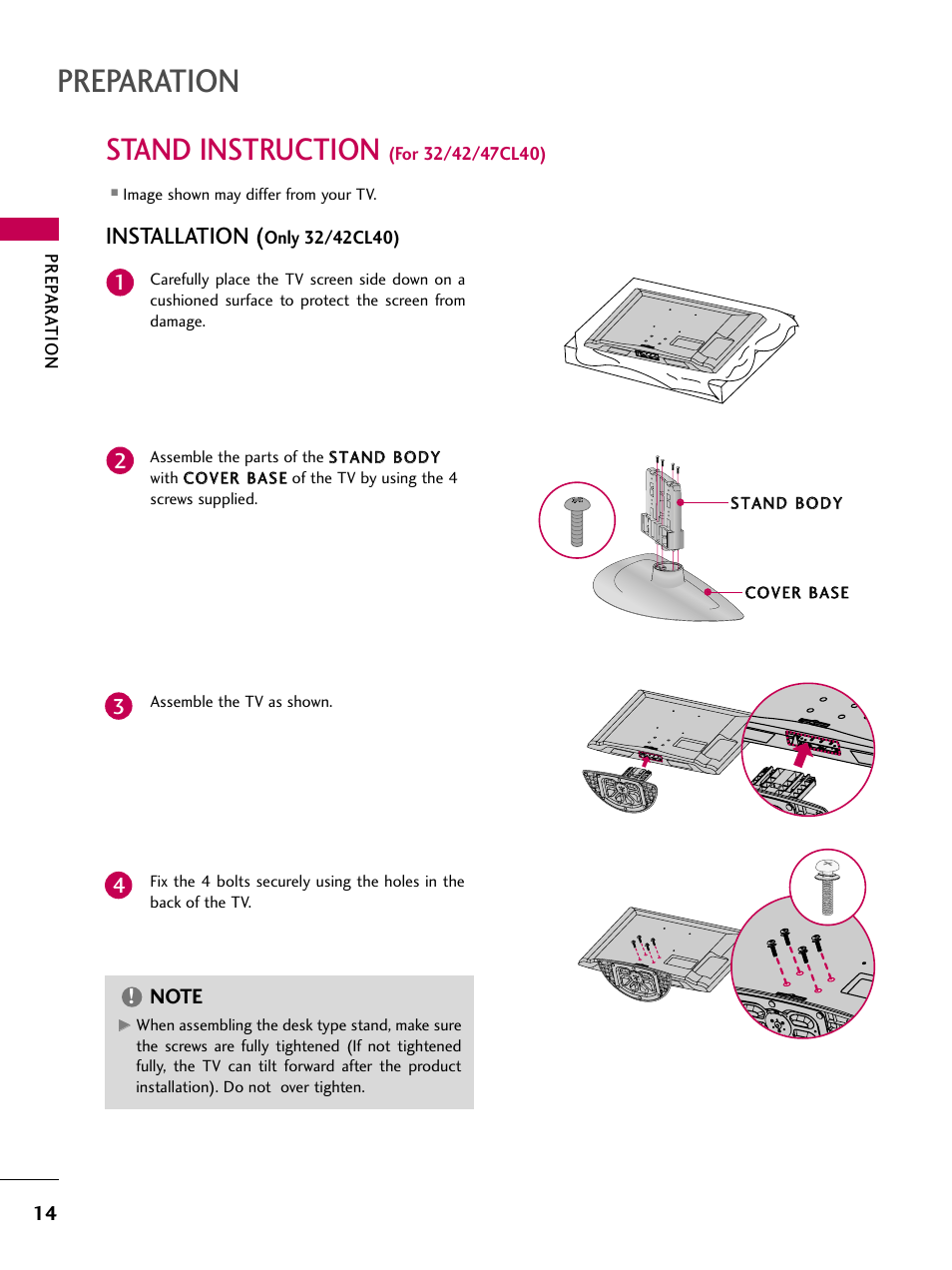 Stand instruction (for 32/42/47cl40), Preparation, Stand instruction | Installation | LG 37LH55 User Manual | Page 14 / 136