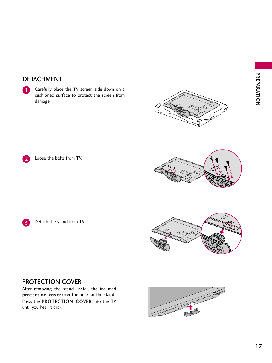 Detachment, Protection cover | LG 37LH55 User Manual | Page 17 / 136