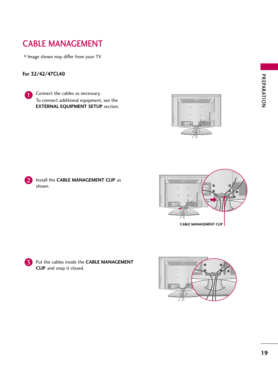 Cable management (for 32/42/47cl40), Cable management | LG 37LH55 User Manual | Page 19 / 136