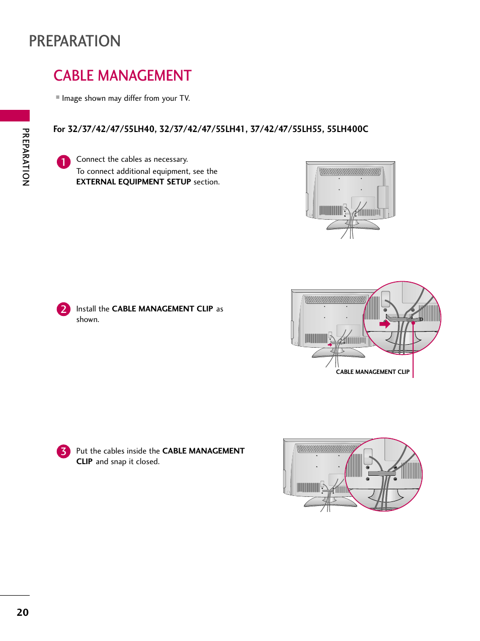 Preparation, Cable management | LG 37LH55 User Manual | Page 20 / 136