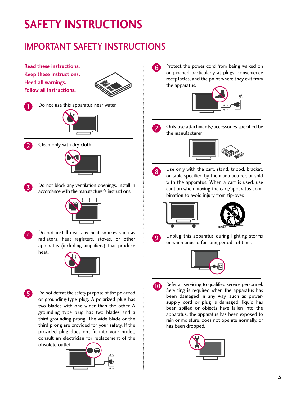 Safety instructions, Important safety instructions | LG 37LH55 User Manual | Page 3 / 136