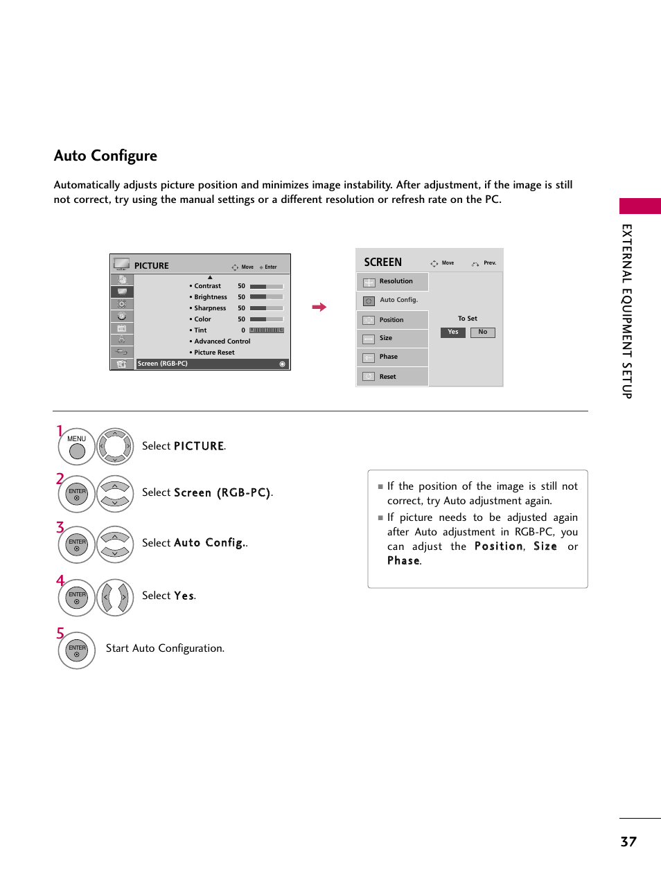 Auto configure, External eq uipment setup | LG 37LH55 User Manual | Page 37 / 136