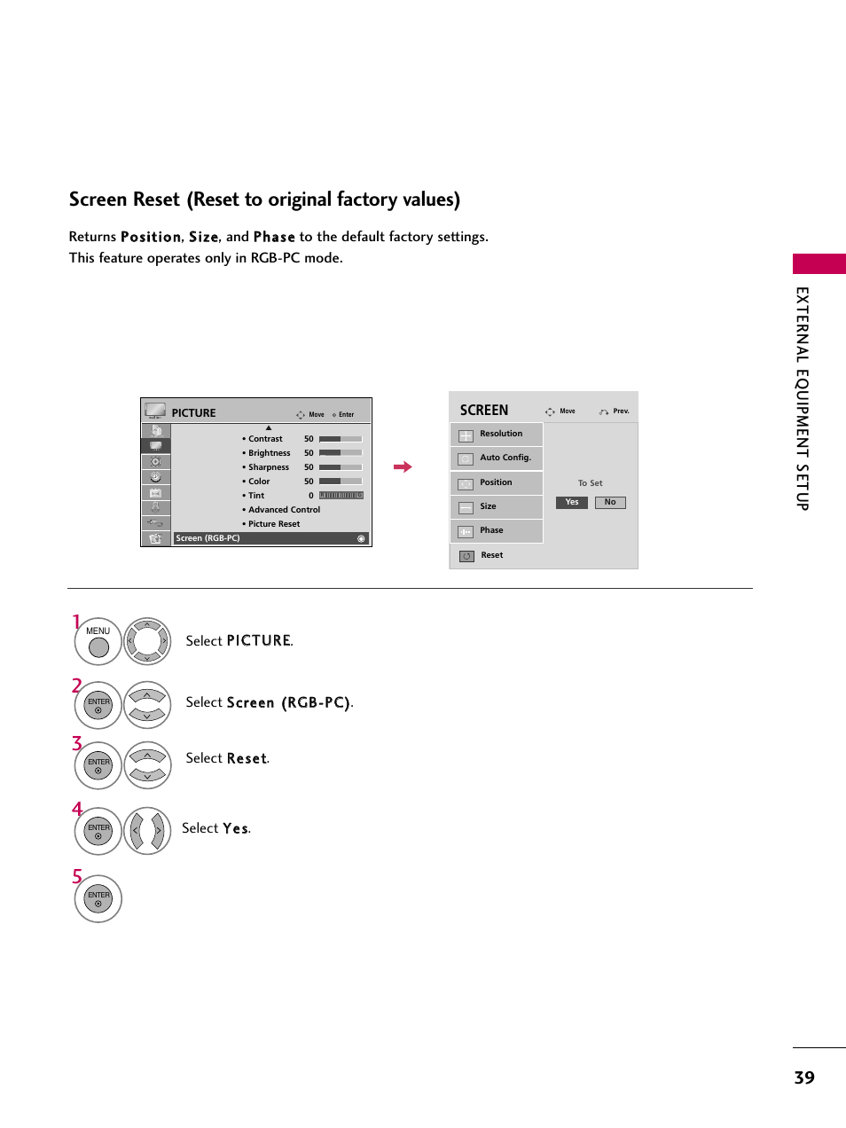 Screen reset (reset to original factory values), External eq uipment setup | LG 37LH55 User Manual | Page 39 / 136