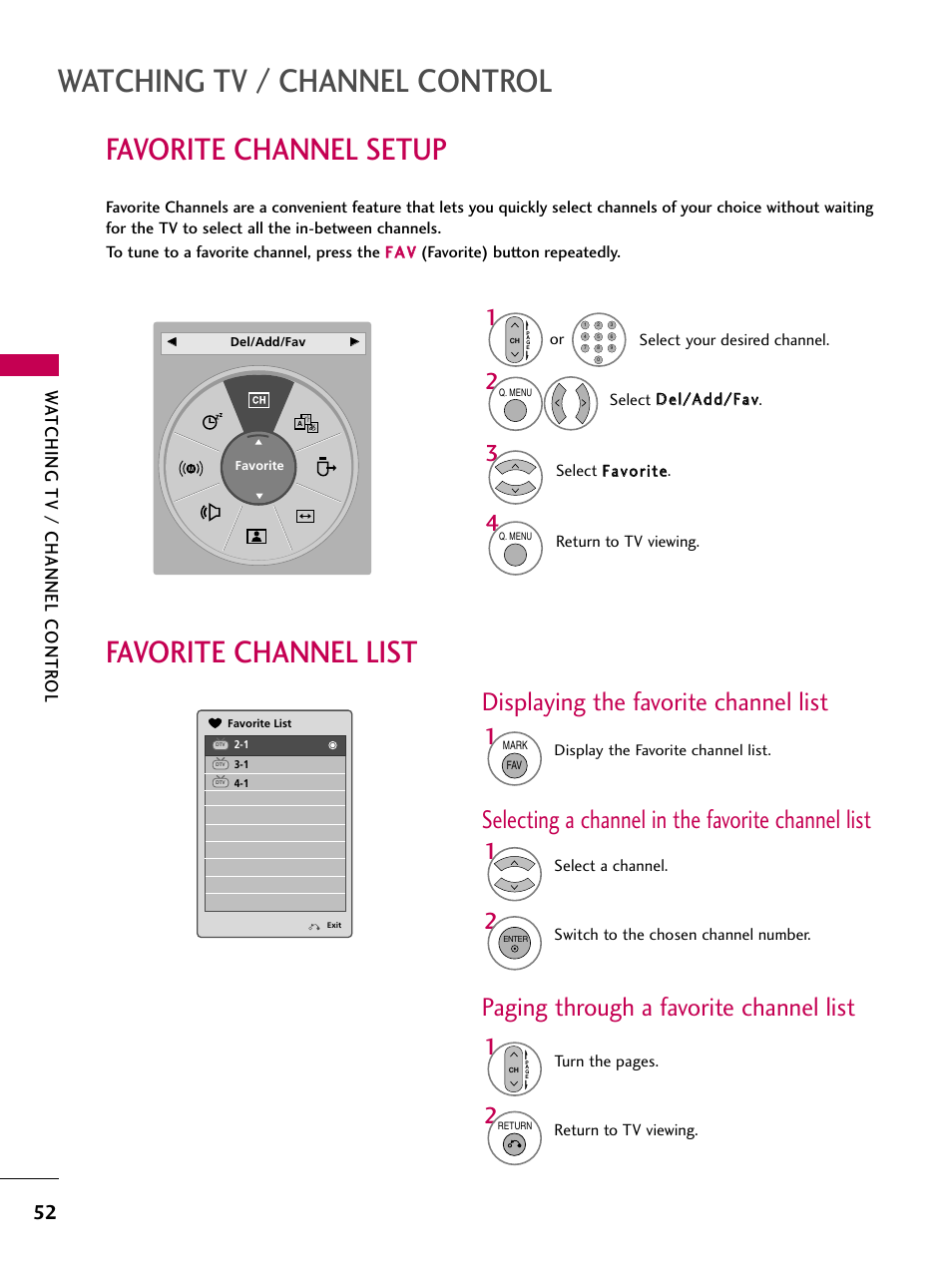 Favorite channel setup, Favorite channel list, Watching tv / channel control | Selecting a channel in the favorite channel list, Paging through a favorite channel list, Displaying the favorite channel list, Watching tv / channel contr ol | LG 37LH55 User Manual | Page 52 / 136