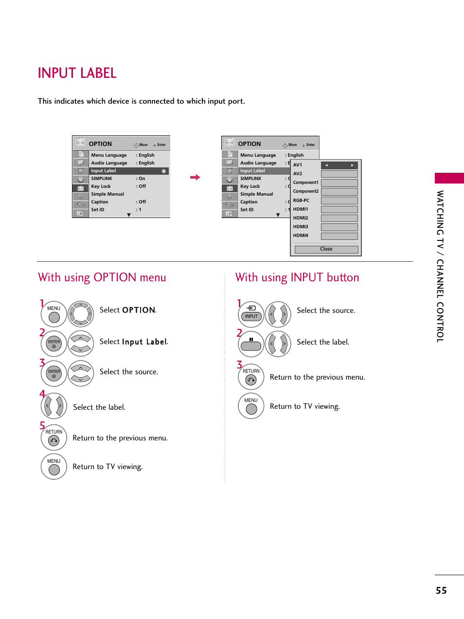 Input label, With using option menu, With using input button | Watching tv / channel contr ol | LG 37LH55 User Manual | Page 55 / 136