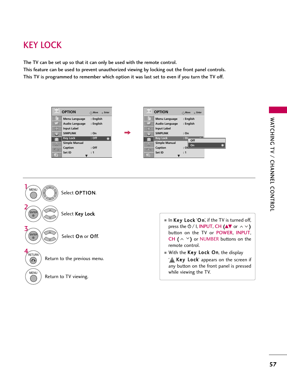 Key lock, Watching tv / channel contr ol | LG 37LH55 User Manual | Page 57 / 136