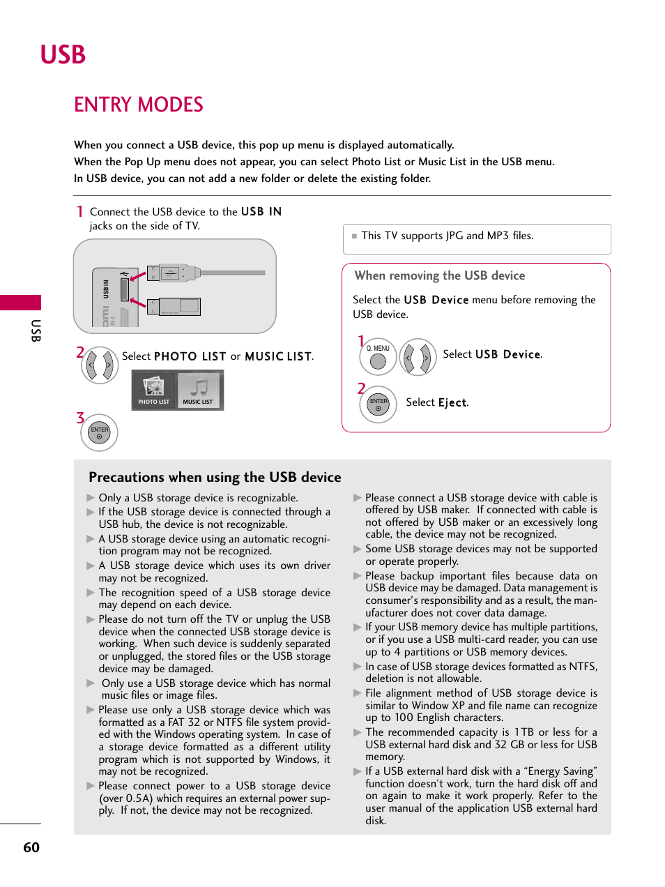 Entry modes, Precautions when using the usb device, When removing the usb device | LG 37LH55 User Manual | Page 60 / 136