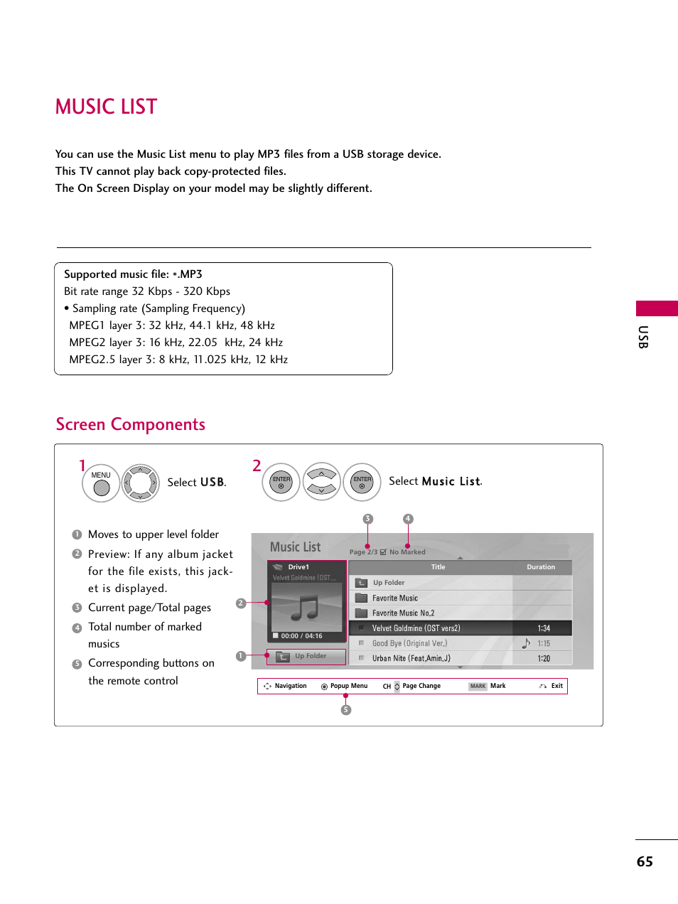 Music list, Screen components | LG 37LH55 User Manual | Page 65 / 136