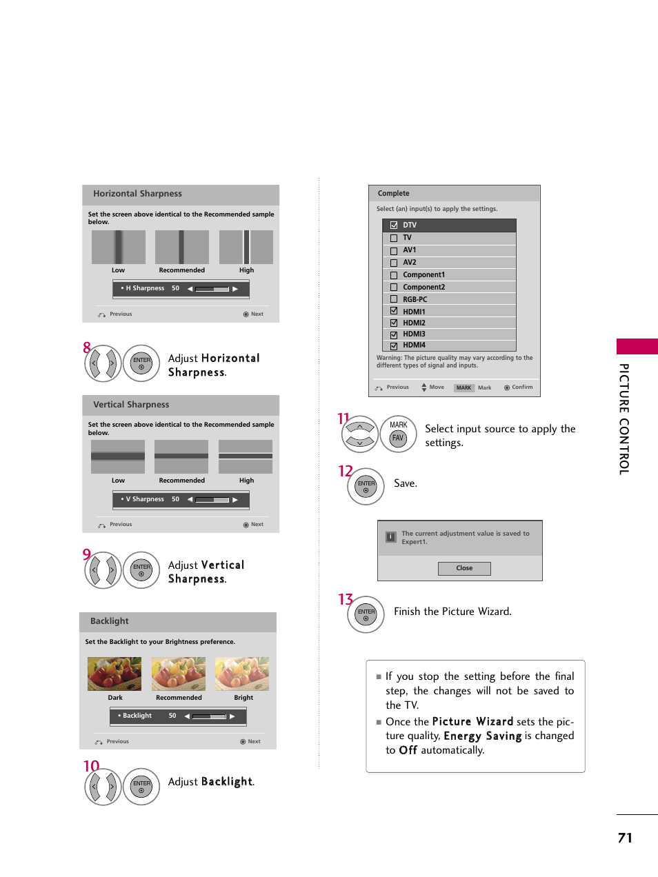 Picture contr ol, Select input source to apply the settings, Adjust b baacckklliigghhtt | Finish the picture wizard, Save | LG 37LH55 User Manual | Page 71 / 136