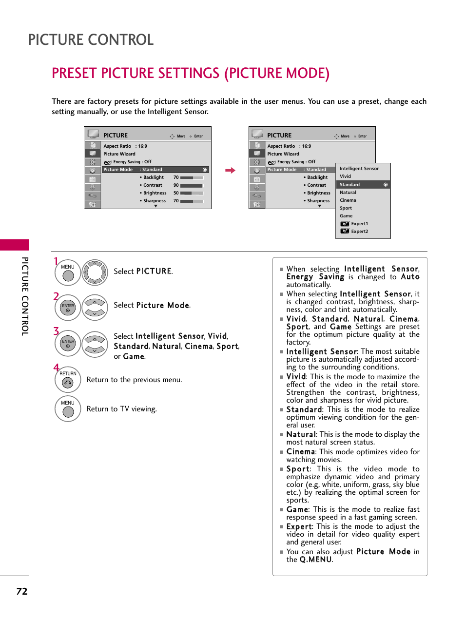 Preset picture settings (picture mode), Picture control, Picture contr ol | LG 37LH55 User Manual | Page 72 / 136