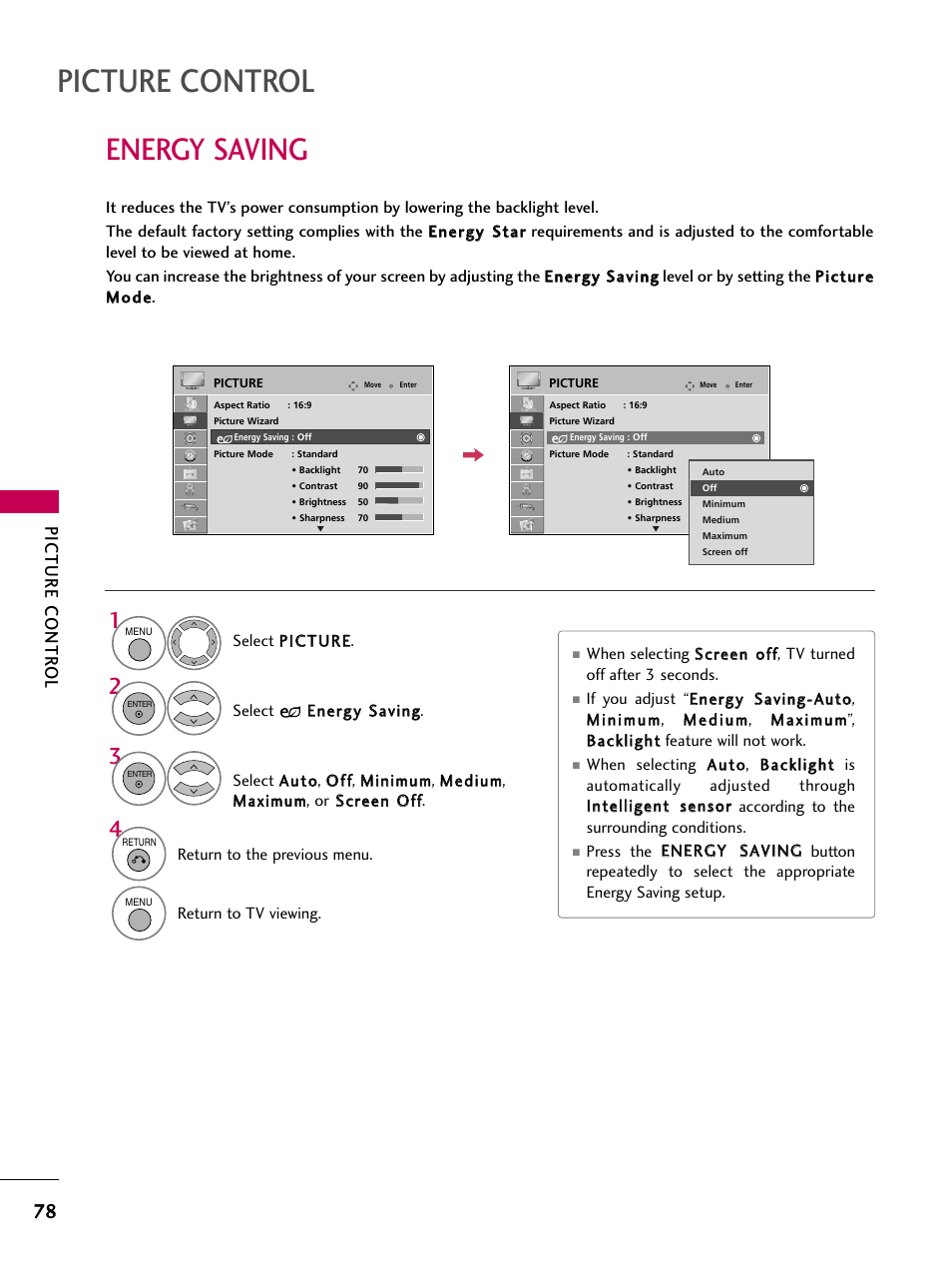 Energy saving, Picture control, Picture contr ol | LG 37LH55 User Manual | Page 78 / 136