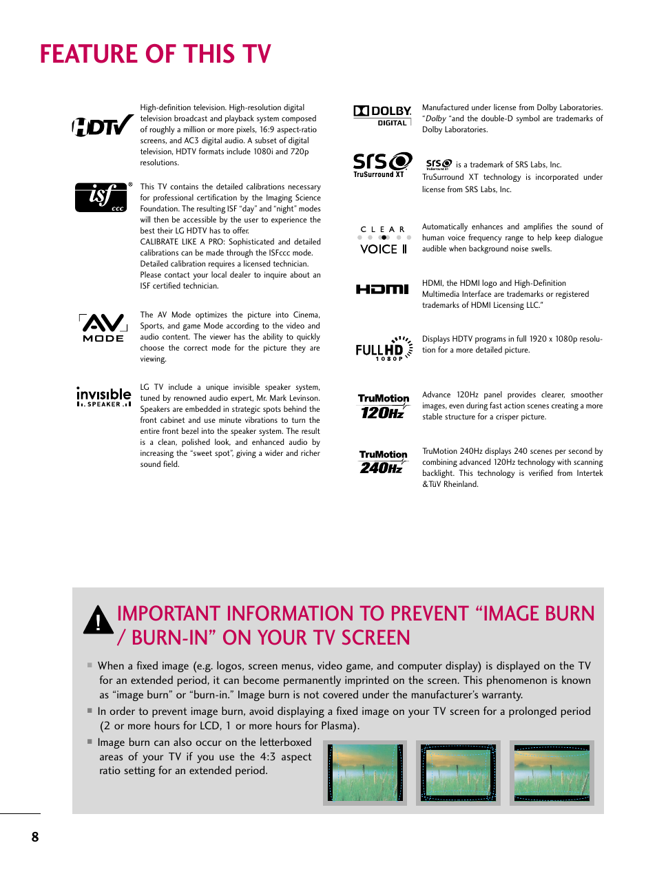 Feature of this tv | LG 37LH55 User Manual | Page 8 / 136