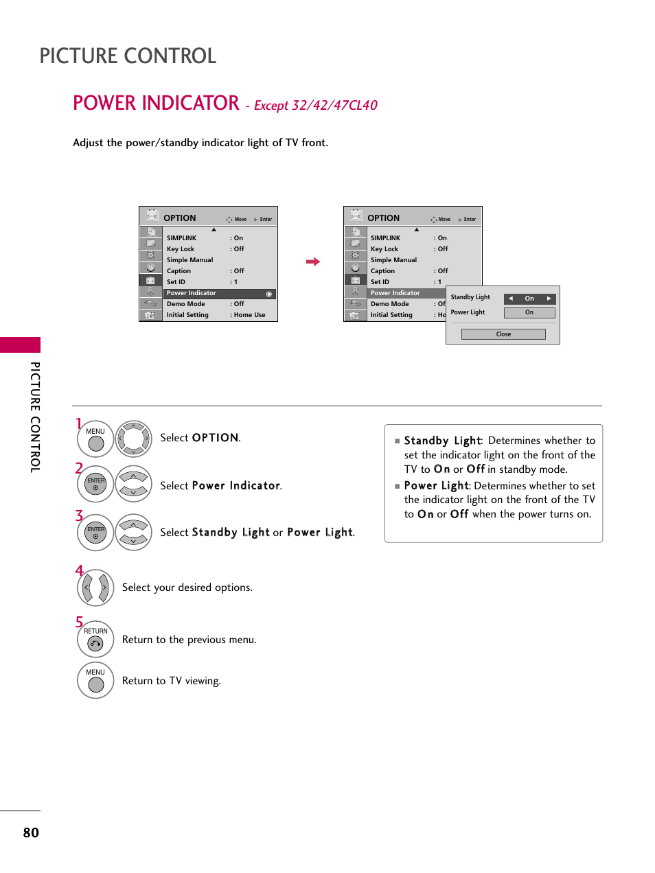 Power indicator, Picture control, Picture contr ol | LG 37LH55 User Manual | Page 80 / 136