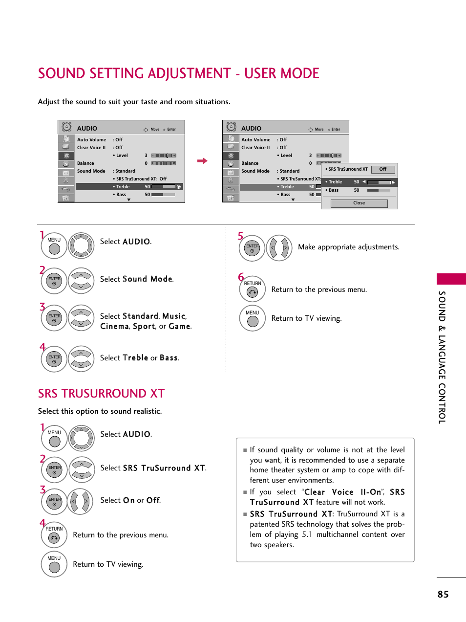 Sound setting adjustment - user mode, Srs trusurround xt, Sound & langu a ge contr ol | LG 37LH55 User Manual | Page 85 / 136