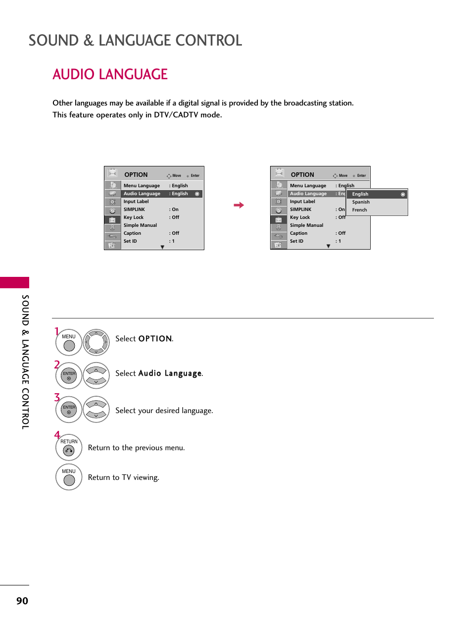 Audio language, Sound & language control, Sound & langu a ge contr ol | LG 37LH55 User Manual | Page 90 / 136