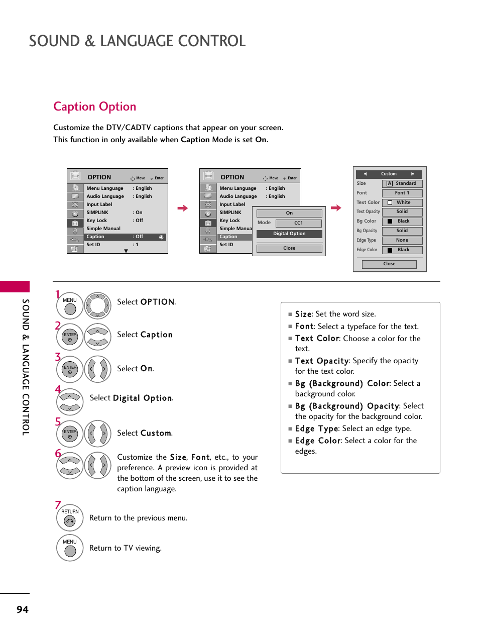 Caption option, Sound & language control, Sound & langu a ge contr ol | LG 37LH55 User Manual | Page 94 / 136