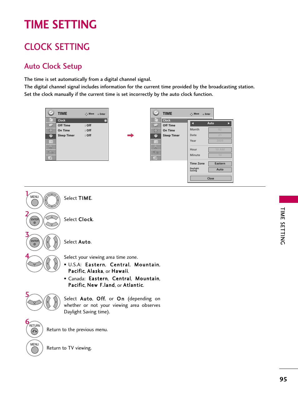 Time setting, Clock setting, Auto clock setup | LG 37LH55 User Manual | Page 95 / 136