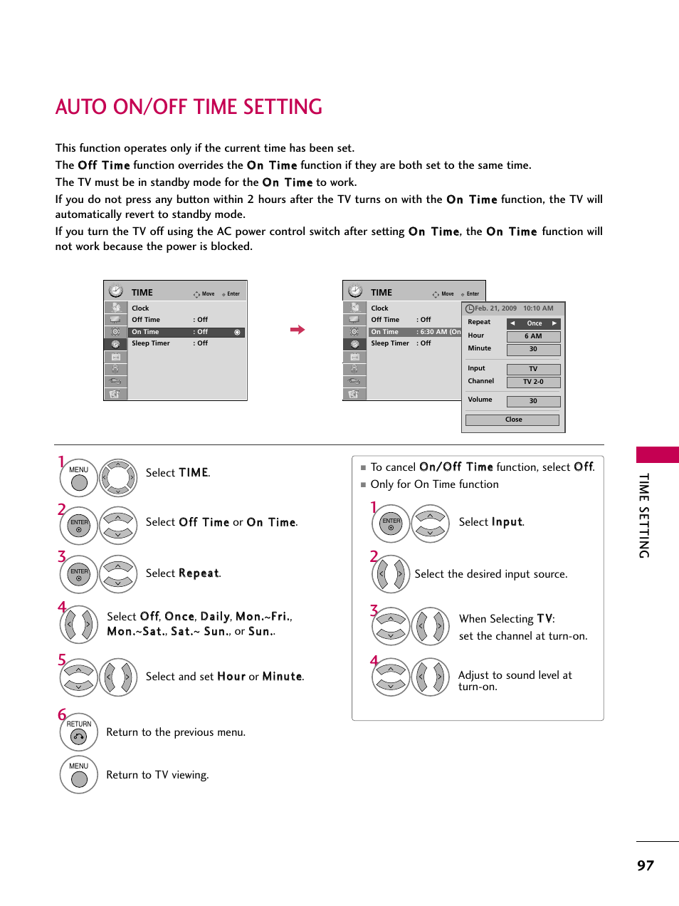 Auto on/off time setting, Time setting | LG 37LH55 User Manual | Page 97 / 136