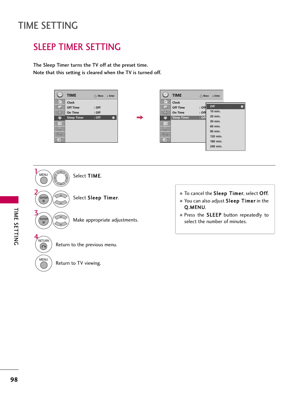 Sleep timer setting, Time setting | LG 37LH55 User Manual | Page 98 / 136