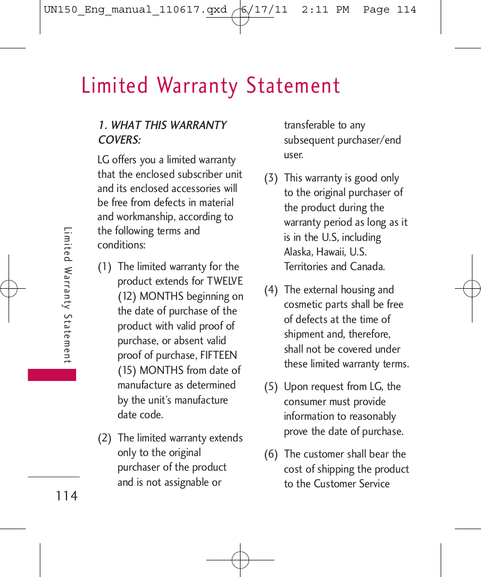 Limited warranty statement | LG LGUN150 User Manual | Page 116 / 252