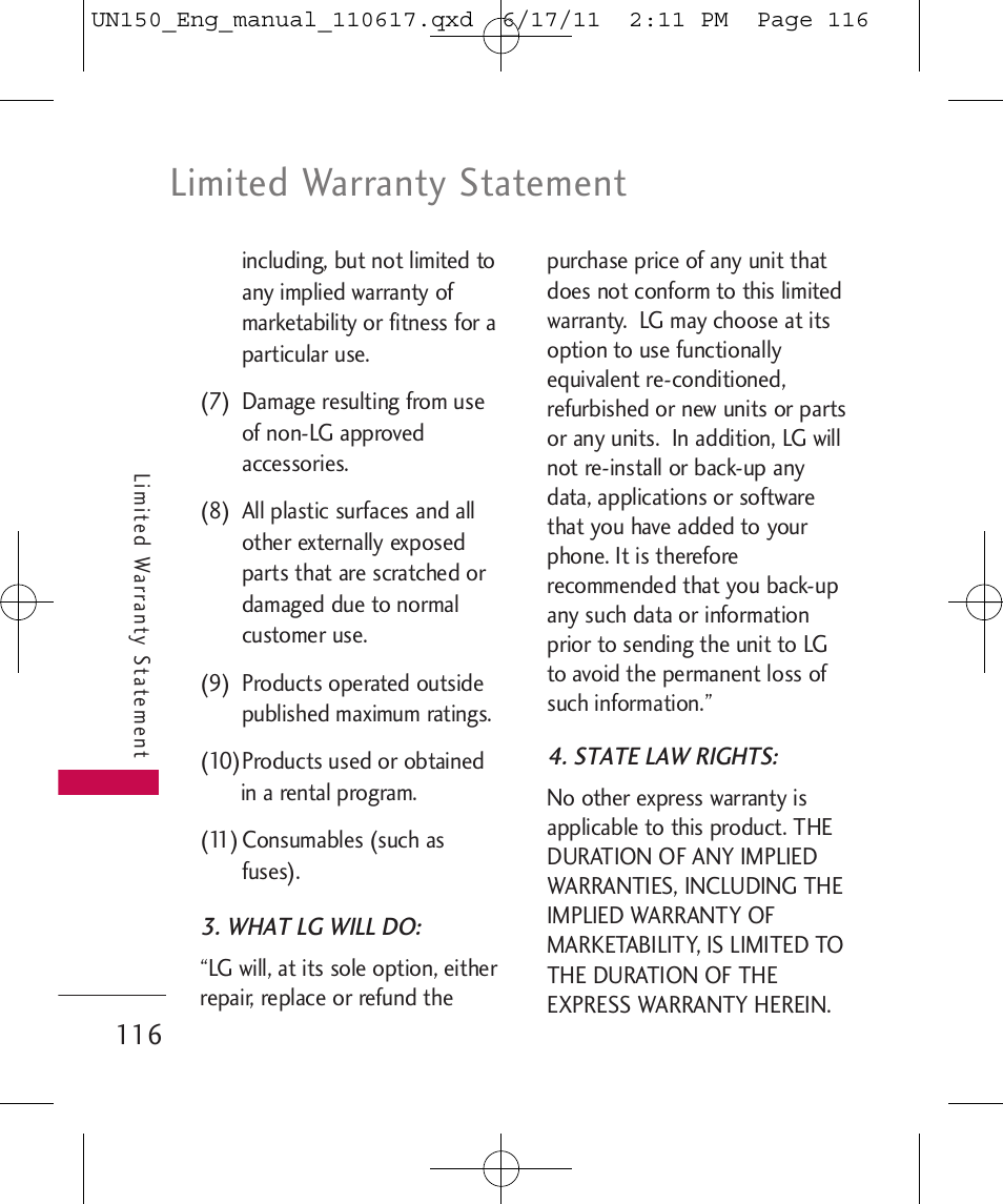 Limited warranty statement | LG LGUN150 User Manual | Page 118 / 252