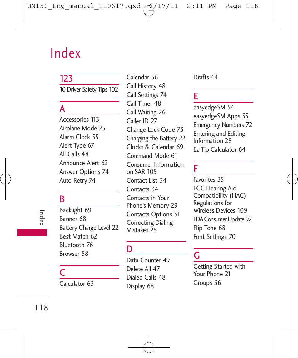 Index | LG LGUN150 User Manual | Page 120 / 252