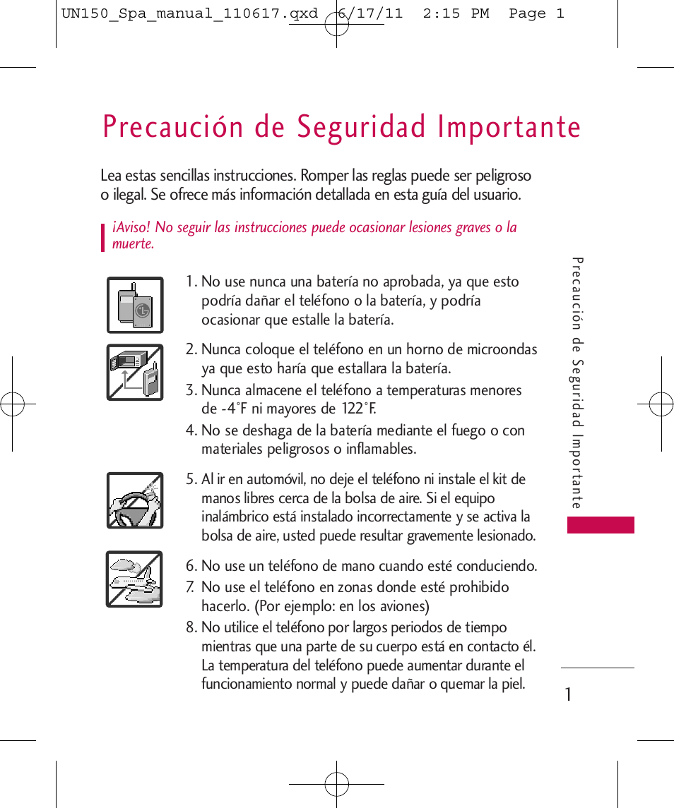 Precaución de seguridad importante | LG LGUN150 User Manual | Page 125 / 252