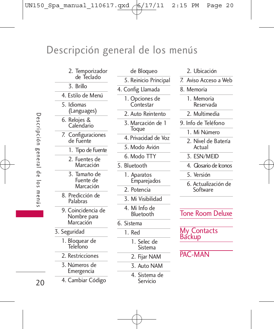 Descripción general de los menús, Tone room deluxe my contacts backup pac-man | LG LGUN150 User Manual | Page 144 / 252